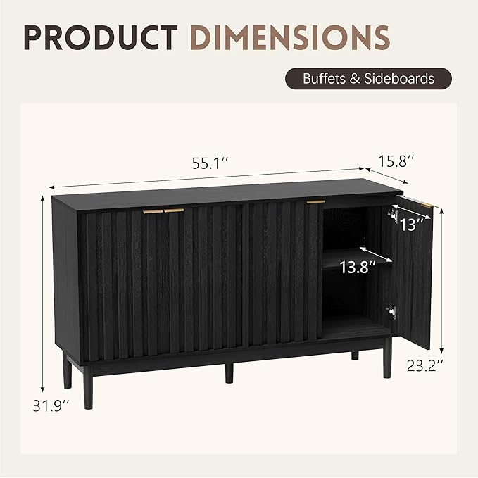 Fluted Cabinet with Storage, Small Buffet Cabinet Sideborad with Door, Kitchen Buffet Storage Accent Cabinets with Adjustable Shelves for Living Room, Entry, Hallway,Black