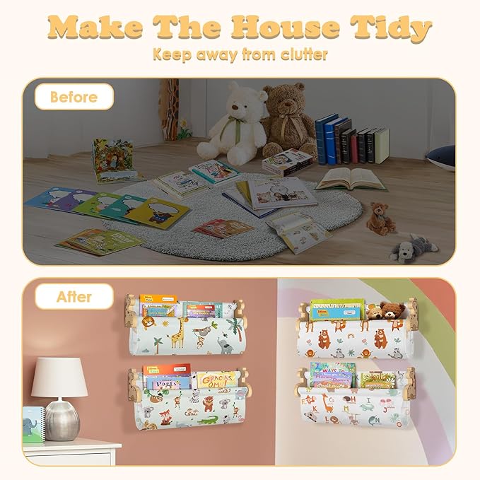 Floating Book Shelves for Wall Set of 4 Wood Nursery Bookshelves for Kids Room 16.9 Inch Kids Bookshelf for Books Toys and Decor,Wall Mounted Storage for Baby Boys Girls Bedroom Living Room