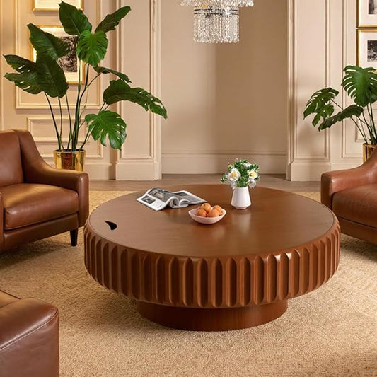 39.4" Drum Coffee Table with Storage Modern Unique Fluted Tea Table Contemporary Round Coffee Table with Fluted Center Table for Small Space Apartment (39.4in)
