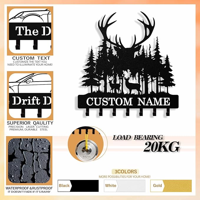 Personalized Deer Forest Key Holder Wall Mount, Custom Metal Keys Hanger for Wall with Name, Custom Key Rack Holder with Hooks for Entryway, Front Door, Hallway, Living Room, Kitchen