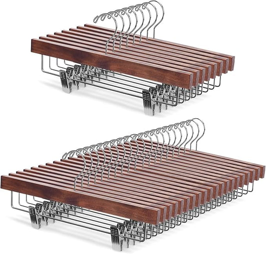 Nature Smile Deluxe Wooden Pants Hangers,Solid Lotus Wood Jeans Skirt Hanger with Clips Anti-Rust Hook Pack of 28（Retro）