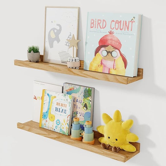 Solid Ash Wood Picture Ledge Shelf, 24 Inch Wood Floating Shelves with Lip Set of 2, Photo Ledge Shelf Nursery Bookshelf Wall Mounted for Living Room Bedroom Decor, Natural