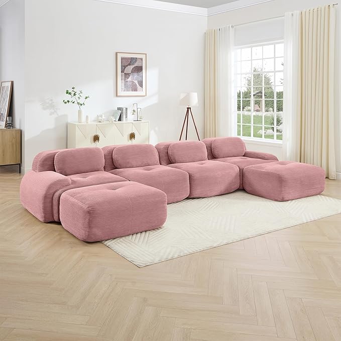 152" Modern Compressed Boneless Couch with Ottoman, 4 Seater Large U Shaped Sectional Couches for Living Room, Pink Corduroy Cloud Modular Sectional Sofa, Memory Foam, Extra Deep, No Assembly