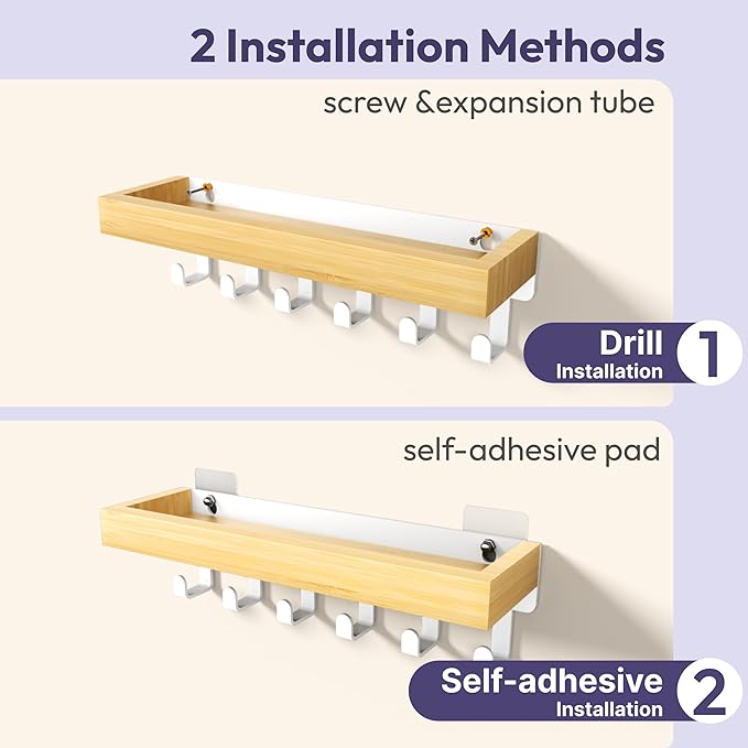 SWTYMIKI Key Holder Wall Mount-Wooden Key Hooks for Wall with Mail Organizer & 6Hooks, 2Installation Ways Key Hanger, Key Rack with Shelf for Entryway Living Room Bedroom Home Decor Wood White Hook