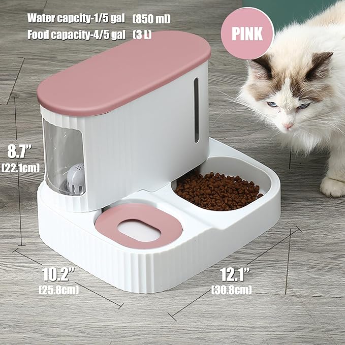 Automatic Cat Feeder,Gravity Auto Timed Pet Dry Food Self Feeding Container Dishes Bowl and Water Dispenser Fountain for Dog Puppy Kitten Kit Set Integrated 2 in 1 Continuous Tray(Pink)