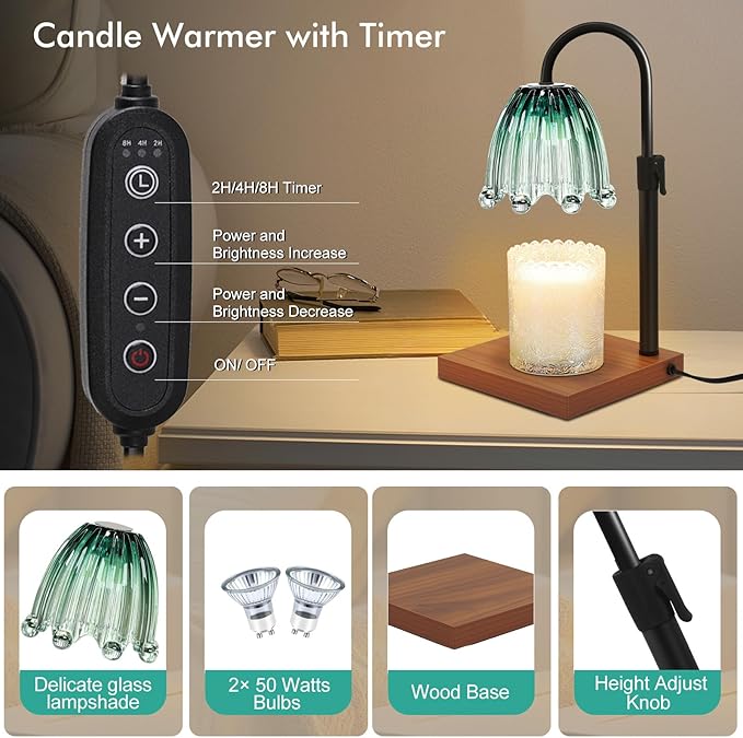 Candle Warmer Lamp with Timer - Electric Wax Melt Warmer with Adjustable Height and Dimmer for Scented Candle Wax, Home Fragrance Décor and House Warming Birthday Gifts for Women Mom (Wood)