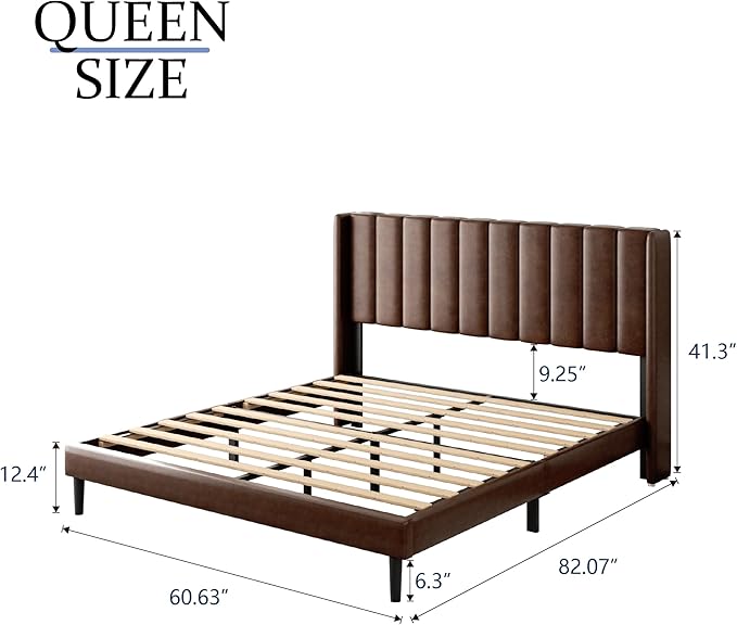 Queen Size Bed Frame with Upholstered Wingback Headboard, Easy Assemnly Platform Bed, Wooden Slat Support No Box Spring Needed, Dark Brown Leather