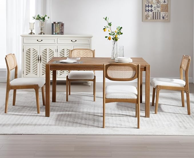 EALSON Farmhouse Rattan Dining Chairs Set of 6 Modern Mid Century Wood Dining Room Chairs with Cane Back Upholstered Sherpa Boucle Kitchen Side Chairs for Living Dining Room,Cream