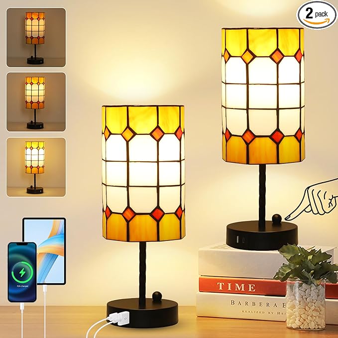 Tiffany Touch Table Lamps, 3 Way Dimmable Tiffany Lamp Set of 2 with Bulbs & USB Charging Port, Stained Glass Lamp for Nightstand, Vintage Desk Lamp for Bedroom, Small Bedside Lamp