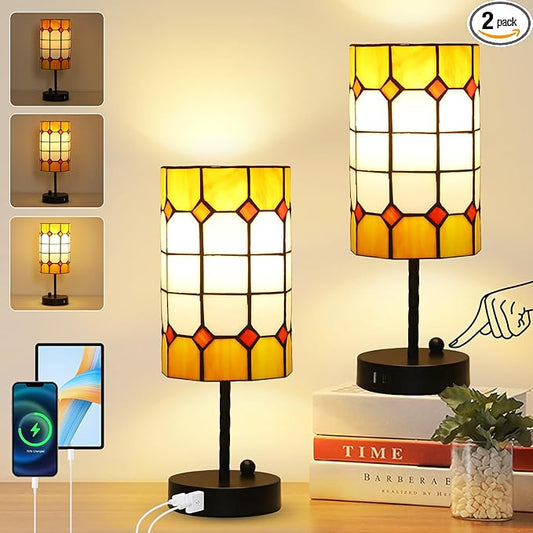 Tiffany Touch Table Lamps, 3 Way Dimmable Tiffany Lamp Set of 2 with Bulbs & USB Charging Port, Stained Glass Lamp for Nightstand, Vintage Desk Lamp for Bedroom, Small Bedside Lamp