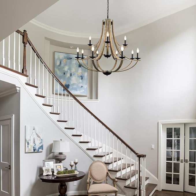 Farmhouse Chandeliers for Dining Room Light Fixture, 2 Tier 12-Light 41" Adjustable Height Retro Faux Wood Texture Rustic Light Fixtures for Living Room Bedroom Kitchen Island Foyer Entryway