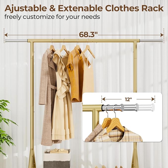 Heavy Duty Clothes Rack Load 450 LBS, Metal Garment Rack, Standing Rolling Clothing Rack for Hanging Clothes with Sturdy Wheels & Shelves, Portable Closet Wardrobe Rack,Gold