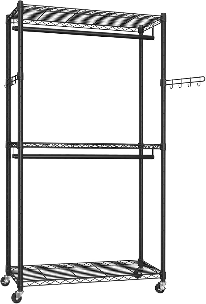 SONGMICS Heavy-Duty Rolling Clothes Rack, Garment Rack, Portable Closet, 35.4-Inch Wide Clothing Rack on Wheels, with Adjustable Mesh Shelves and Hanging Rails, Hooks, Ink Black ULGR413B01