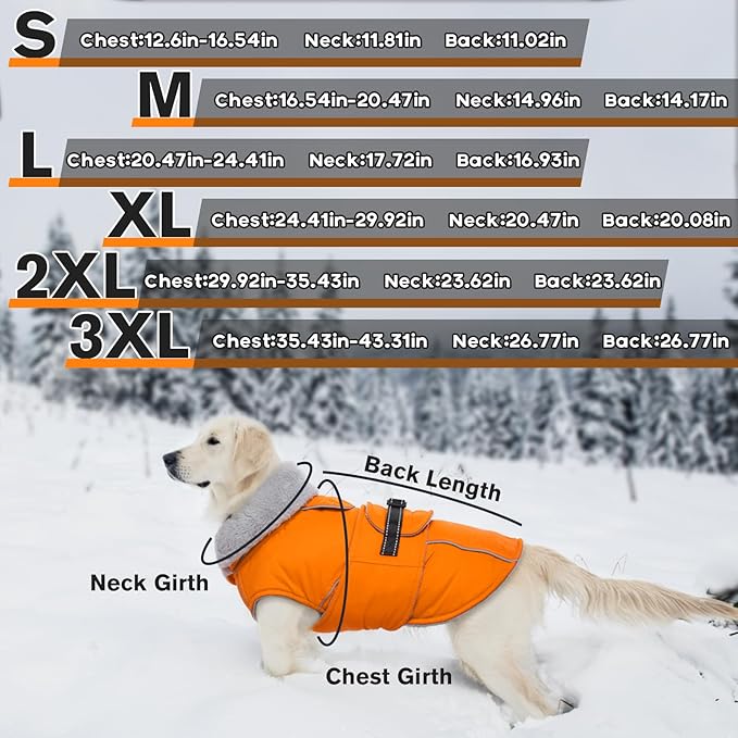 Lelepet Warm Dog Coat Reflective Fleece Vest Waterproof Dog Jacket with Adjustable Buckle Hook & Loop Windproof Cold Weather Coats for Small Medium Large Dogs, Orange, XXXL