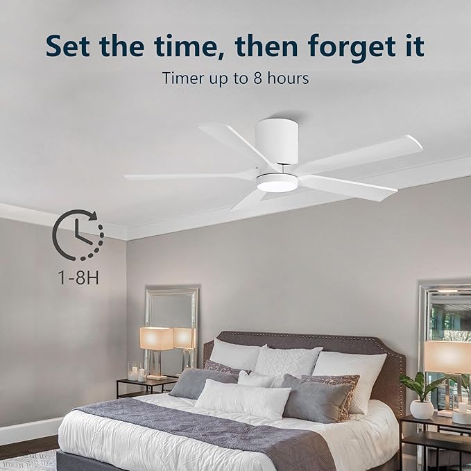 ELEHINSER 52 inch Low Profile Ceiling Fan with Light, 5 Solid Wood Blades, 6-Speeds, Quiet DC Motor, Timer, Flush Mount Modern Ceiling Fan with Remote for Living Room Bedroom, White