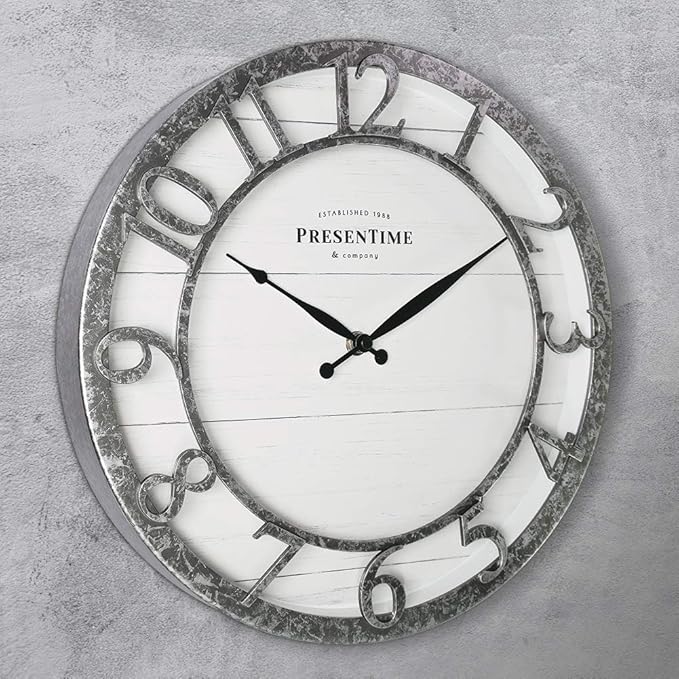 Presentime & Co 13" Farmhouse Series Wall Clock, Quartz Movement, Shiplap Style,Raised 3D Arabic Numeral, Galvanized Finish