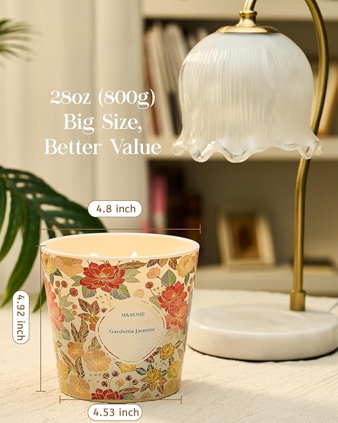 M&SENSE Gardenia Jasmine Scented Candle, 28.2oz 3 Wick Natural Soy Wax Large Candles, Long Lasting Clean Slow Clean Burning No Toxic Décor for Home Relaxation, Romantic Dates & Gift-Giving