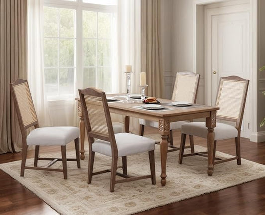 EALSON Rattan Dining Chairs Set of 4 Mid Century Modern Linen Upholstered Fabric Dining Room Chairs with Cane Back and Natural Wood Legs for Kitchen/Restaurant, Beige
