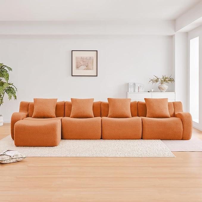 Orange L-Shaped Cloud Couch with 1 Ottoman, Modern Teddy Fabric Boneless Sectional Sofa in a Box, Modular Floor Sofa for Living Room, Deep Seat, No Assembly Required, Sofas para Sala