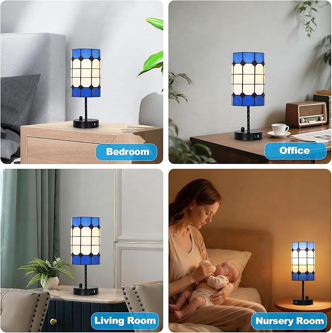 Stained Glass Table Lamp with USB Port, 3 Way Dimmable Touch Control Tiffany Desk Lamp with Bulbs, Vintage Lamp for Nightstand, Mid-century Small Bedside Lamp For Bedroom Living Room Office Nursery