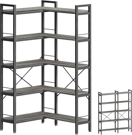 Huuger 5 Tier Bookshelf, L Shaped Corner Bookshelf with 10 Open Shelves, 49.4 Inch Straight Wide Bookcase with Metal Frame and Wooden Board, Adjustable Feet, Grey