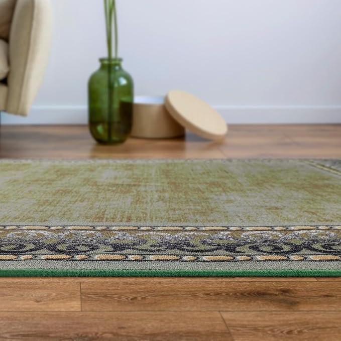 Antep Rugs Alfombras Bordered Modern 4x6 Non-Slip (Non-Skid) Low Pile Rubber Backing Indoor Area Rug (Green, 4' x 5'8")