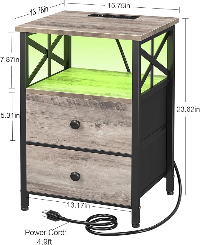 AMHANCIBLE Night Stand Set 2, LED Nightstand with Charging Station, End Tables Living Room with Fabric Drawers, Bedside Table for Bedroom, Greige, HET052LGY