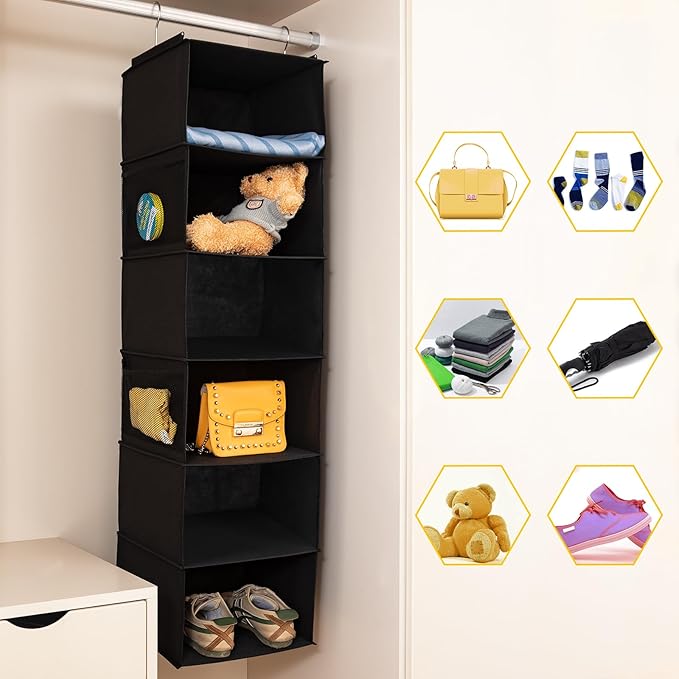 6 Shelves Hanging Closet Organizer, 2 Pack Hanging Storage with 4 Side Pockets for Clothes Shoes, 43.5"x12"x12"(Black)