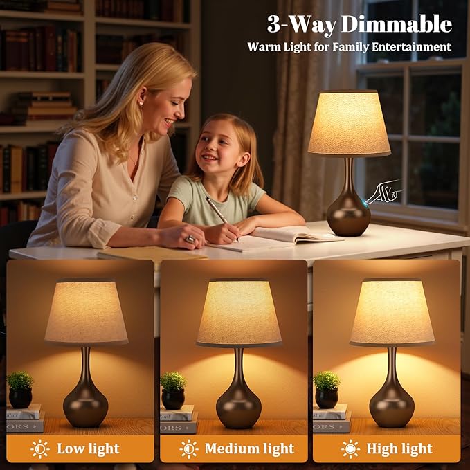 Seealle Touch Table Lamps for Nightstand, 3-Way Dimmable Small Bedroom Lamps for Night Stands, Brown Bedside Lamps for Living Room, Kids Room, End Table(LED Bulb Included)