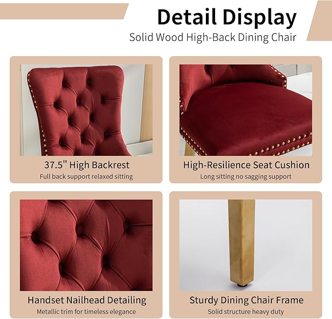 Luxury Upholstered Dining Chairs Set of 2, Red Kitchen Chair with Golden Metal Legs, Velvet Tufted Back Dining Chair, Sillas de Comedor, Modern Kitchen & Dining Room Chairs (Burgundy, 2 Pcs)