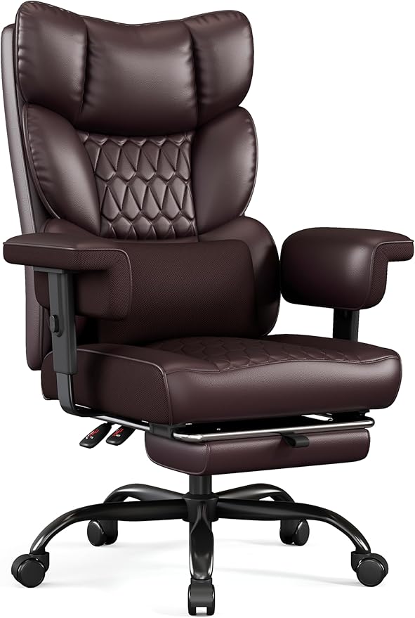 Misolant Big and Tall Office Chair with Footrest, High Back Executive Desk Chair with Adjustable Lift Armrest, 155°Recline，Lumbar Support Pillow, Faux Leather Gaming Chairs for Home or Office Brown