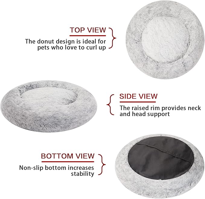 Bedfolks Calming Donut Dog Bed, 36 Inches Round Fluffy for Large Dogs, Anti-Anxiety Plush, Machine Washable (Dark Grey, Large)