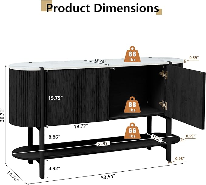 Console Table with Storage, Fluted Entryway Table with 2 Doors and Open Shelf, Long Sofa Table Behind Couch for Living Room, Hallway (Black)