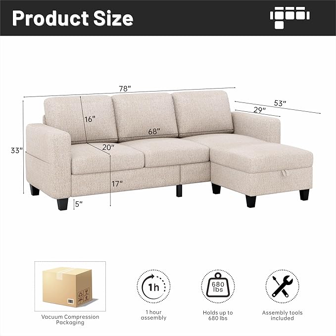 Youmumeub 79''Sectional Couch Couches for Living Room - L-Shaped 4-Seater Deep Sectional Sofa,Removable Covers,Suitable for The Living Room, Apartment or Office-Mocha Brown