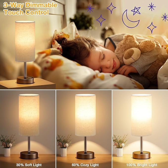 Dicoool Beige Touch Table Lamp for Bedroom - 3 Way Dimmable Bedside Lamp with USB, Nightstand Lamp with Brown Charging Station for Desk, Dorm, Office