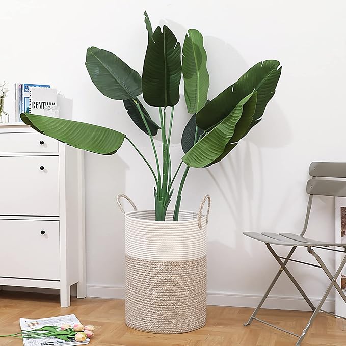 VIPOSCO Large Laundry Hamper, Tall Woven Rope Storage Basket for Blanket, Toys, Dirty Clothes in Living Room, Bathroom, Bedroom - 72L White & Brown