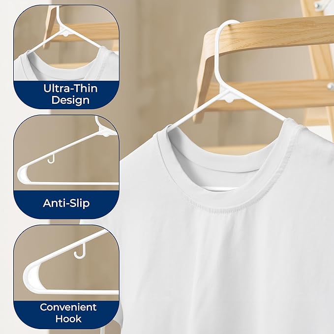 SereneLife 50 Pack Plastic Hangers, Non-Slip, Space-Saving Closet Organizers, Durable and Strong for Shirts, Sweaters, Hoodies, Kids Clothes & Dresses, Ultra-Thin, Lightweight