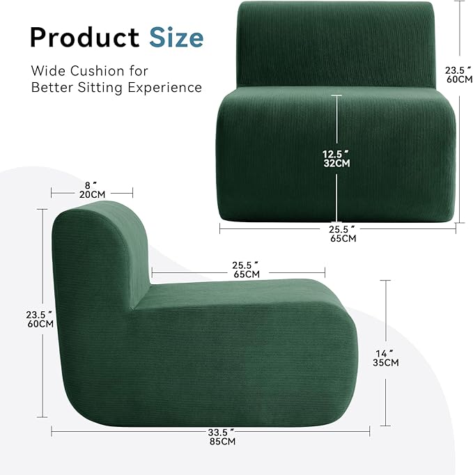 Cloud Single Sofa Chair,Fireside Beanbag Chair Upholstered Floor Sofa Couch,Corduroy Boneless Couch for Small Spaces,Memory Foam Lounge Chair for Bedroom, Living Room,Deep Green