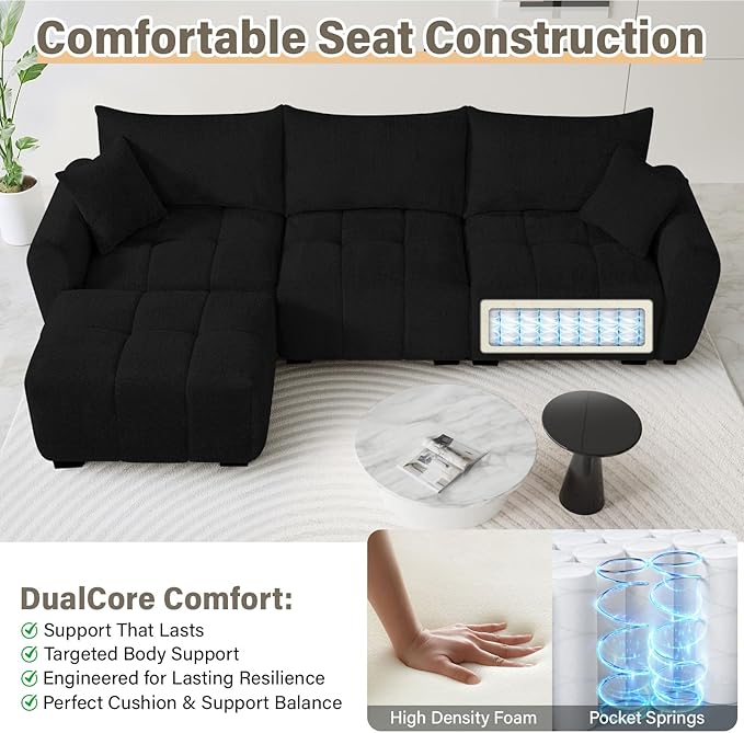 110" L Shaped Modern Boucle Sofa Modular Sectional Cloud Couch with Ottoman, Tufted 4-Seat Deep Seat Sofa with Pillows for Living Room, Bedroom and Apartment, Black