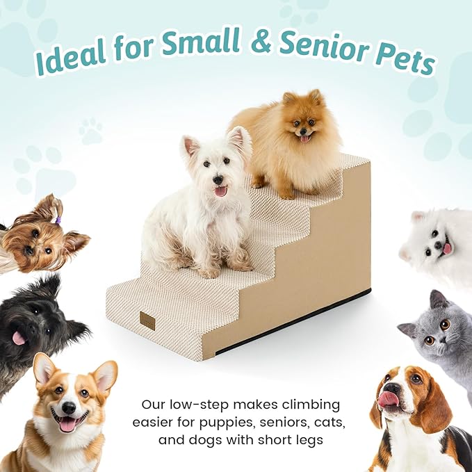 Slope Dog Stairs 17.7" H, Pet Steps for Couch Bed with Washable Cover, Non-Slip Foam Dog Ramp for Small Old Puppy Cats, 5 Step, Beige