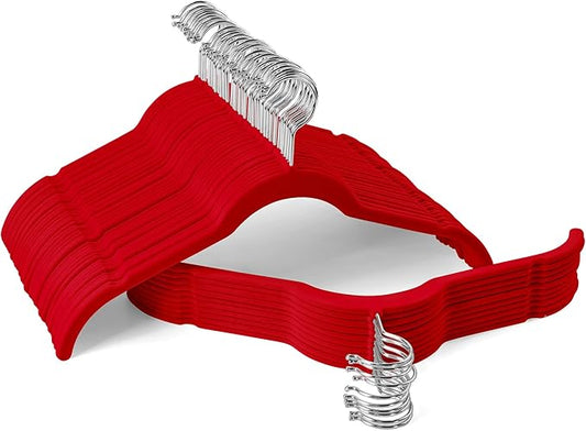 Velvet Hangers 50 Pack – Slim Non-Slip Flocked Hangers with 360° Swivel Hook, Space-Saving Closet Organizer for Dresses, Blouses, Coats(Red)