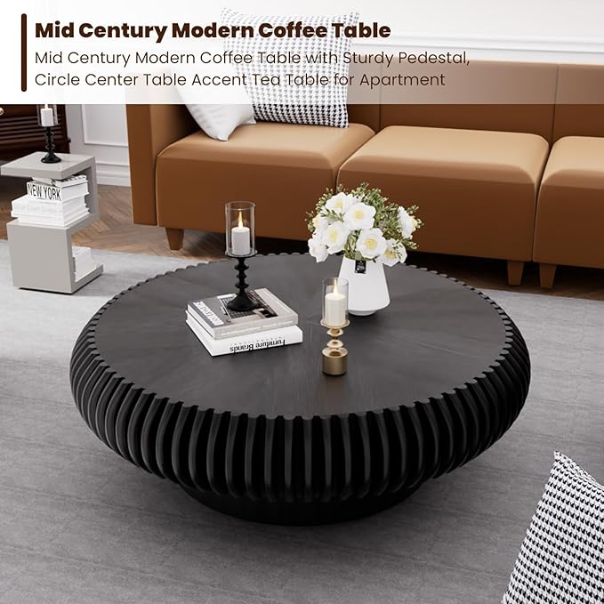 Round Drum Coffee Table for Living Room, Mid Century Modern Coffee Table with Sturdy Pedestal, Farmhouse Fluted Circle Center Table Accent Tea Table for Apartment (Large Black)