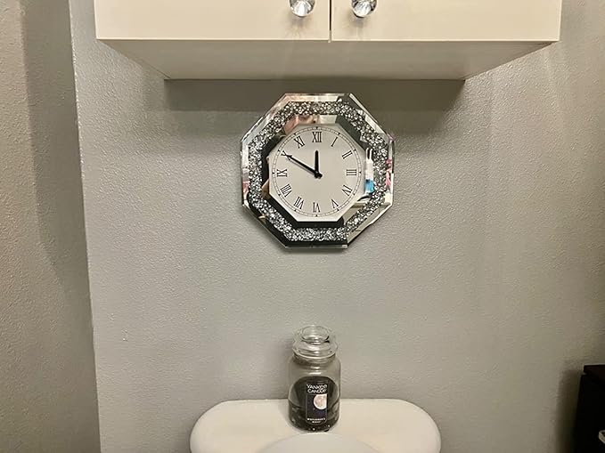 Wall Clock, Octagon Mirror Glass Clock, Cute Diamond 12-inch Non-Ticking Clock for Wall Décor, Perfect Home Decor for Bedroom, Bathroom Motif, Dining Room(Excluding Batteries.)