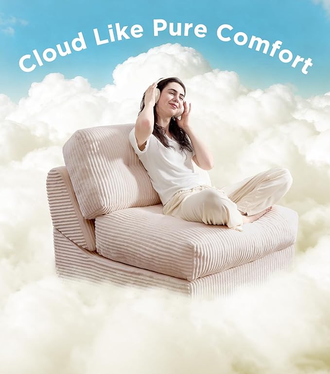 Tbfit Folding Sofa Bed, Convertible Sleeper Chair with Large Pillow, Corduroy Folding Couch Bed, Portable & Foldable Mattress Boneless Floor Sofa for Living Room, Bedroom, Office, Khaki, Single