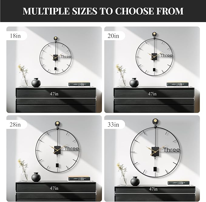 Cuspin Modern Large Wall Clock 24 inch with Pendulum, Battery Operated Silent Non-Ticking Metal Wall Clock for Living Room Decor, Decorative Hanging Clock for Bedroom, Office, Kitchen, Home