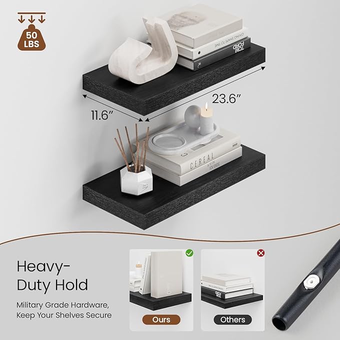 Heimlove 12" Deep Black Floating Shelves for Wall, 24 Inch Shelf Bathroom Shelves Set of 2, Mounted Shelves for Books Living Room Laundry Room Bedroom Kitchen Home Office