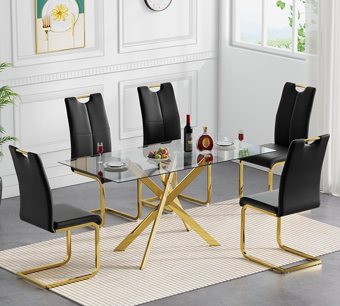 Goujxcy Gold Dining Table Set for 6, Glass Kitchen Table with Chair Set, Modern 51" Rectangle Glass Dining Table and 6 Black PU Leather Chairs with Metal Frame for Kitchen Dining Room