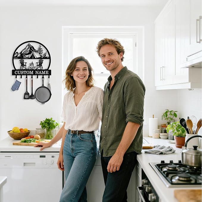 Personalized Camping Key Holder Wall Mount, Custom Metal Key Holder for Wall with Name, Custom Keys Rack Hanger with Hooks for Entryway, Front Door, Hallway, Living Room, Kitchen