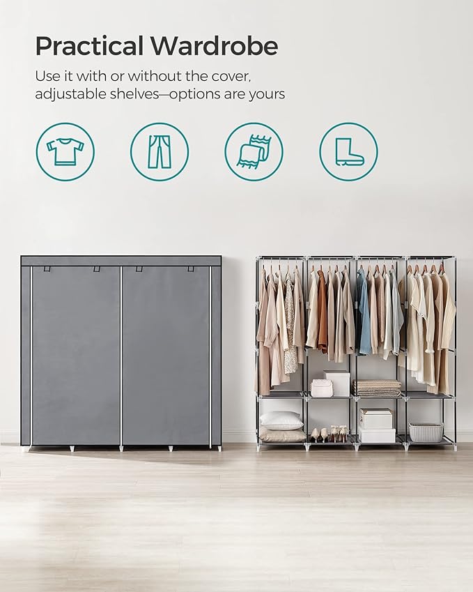 SONGMICS Portable Closet, Wardrobe Closet Organizer with Cover, 4 Hanging Rods and Shelves, 4 Side Pockets, 66.9 x 17.7 x 65.7 Inches, Large Capacity for Bedroom, Living Room, Gray URYG094G02