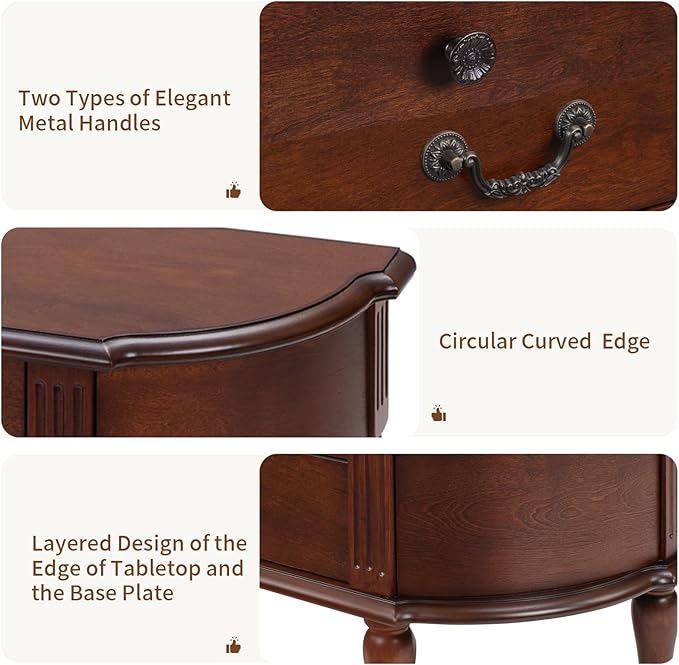 HMFULE Solid Wood Retro Curved Console Table, 43" Half Moon Console Table Sofa Table Entryway Table with 3 Drawers Open Shelf Pine Roman Legs Curved Corners for Living Room,Entryway,Hallway,Cherry